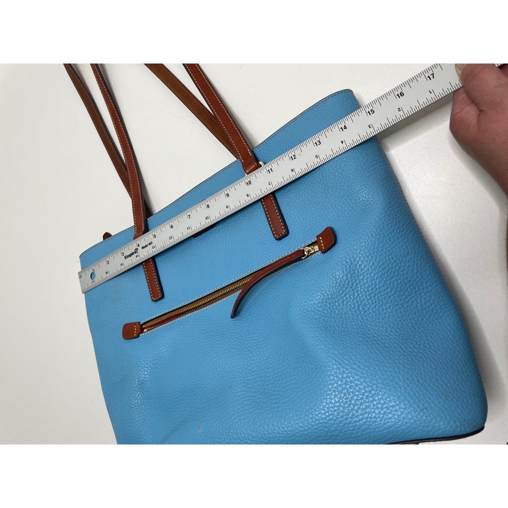 Dooney & Bourke Turquoise Pebbled Leather Tote Bag Brown Trim Blue Shoulder Bag - Picture 16 of 16